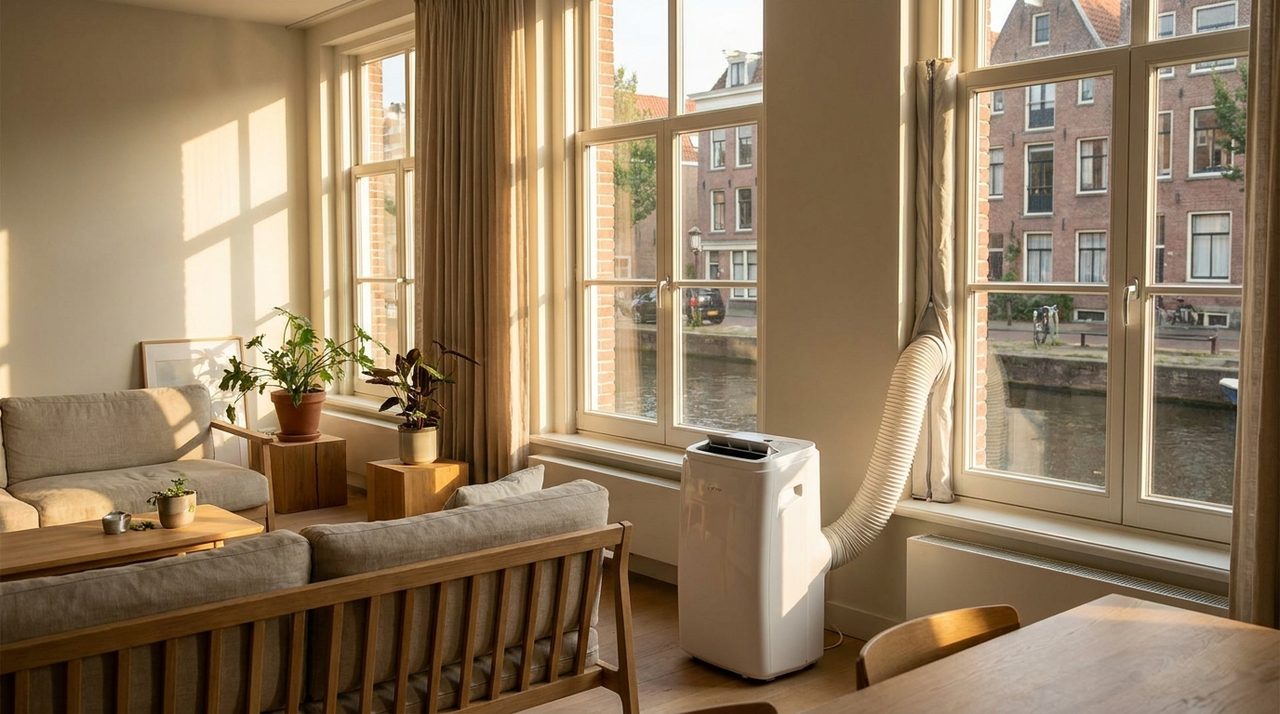 Mobiele airco met slang naar raamafdichting in een Nederlandse woonkamer tijdens een hittegolf